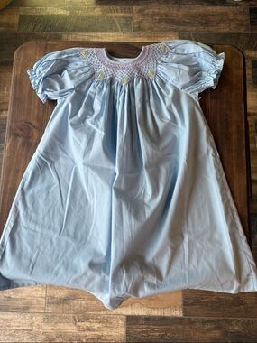 Light Blue Smocked Puff Sleeve Dress with Pastel Embroidery